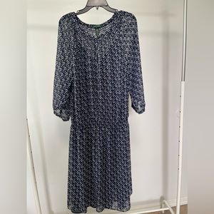 Lauren Ralph Lauren Blue and white floral print sheer long sleeve dress
